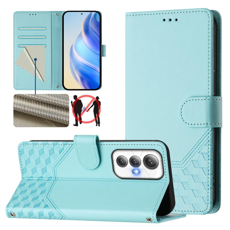 Mint green leather folio phone case with honeycomb embossing, card slots, stand cover