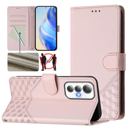 Pink leather folio phone case with honeycomb embossing, card slots, stand cover