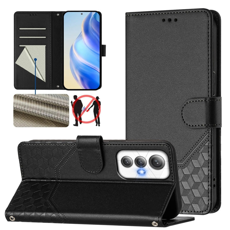 Black leather folio phone case with honeycomb embossing, card slots, stand cover