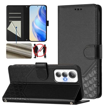 Black leather folio phone case with honeycomb embossing, card slots, stand cover