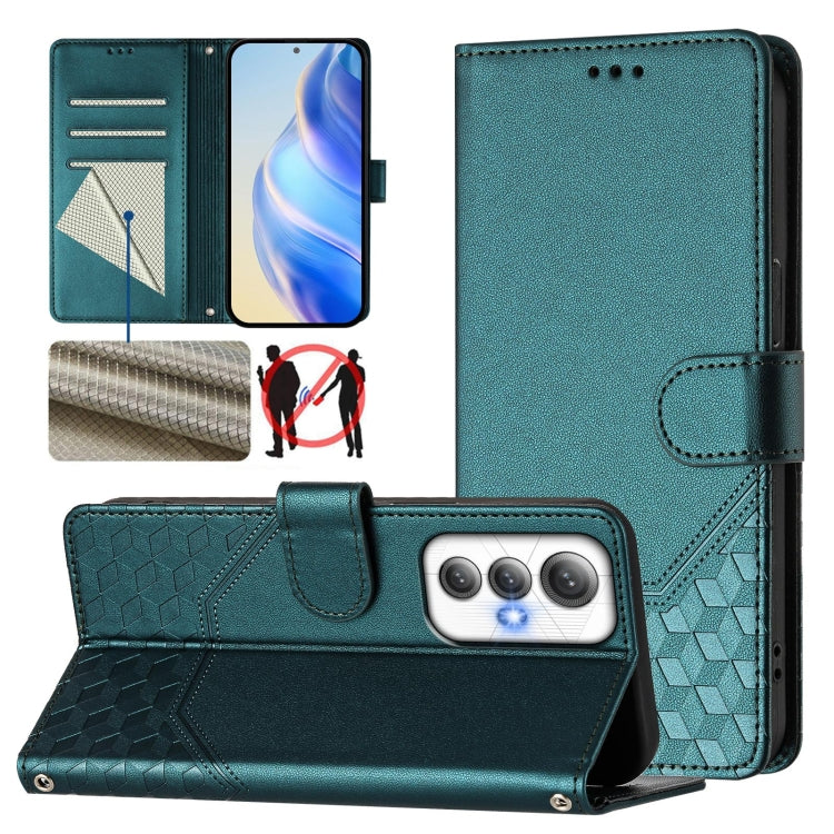 Peacock green leather folio phone case with honeycomb embossing, card slots, stand cover