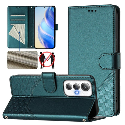 Peacock green leather folio phone case with honeycomb embossing, card slots, stand cover