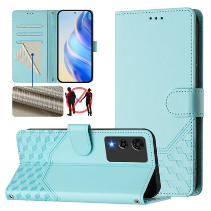 Mint green leather folio phone case with honeycomb embossing, card slots, stand cover