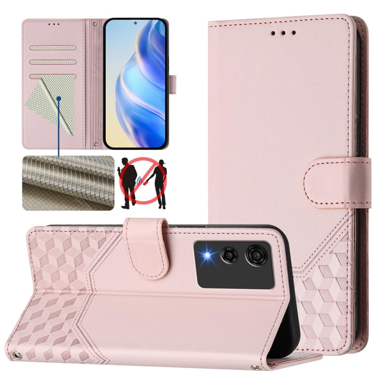 Pink leather folio phone case with honeycomb embossing, card slots, stand cover