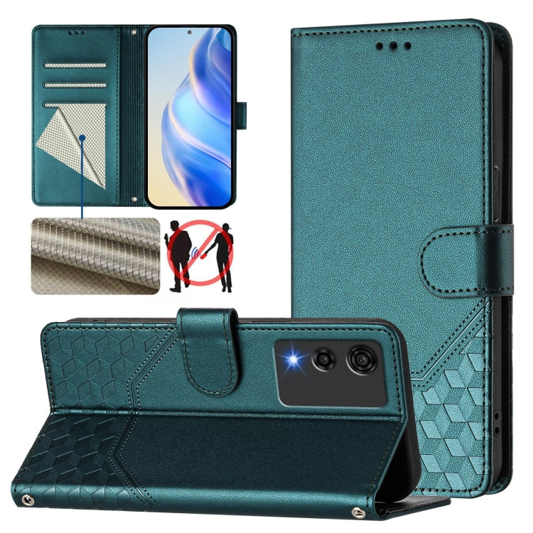 Mint green honeycomb-textured leather wallet phone case with folio stand