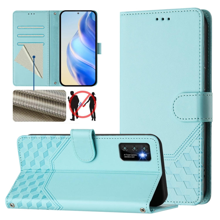 Sky blue honeycomb-textured leather wallet phone case with folio stand