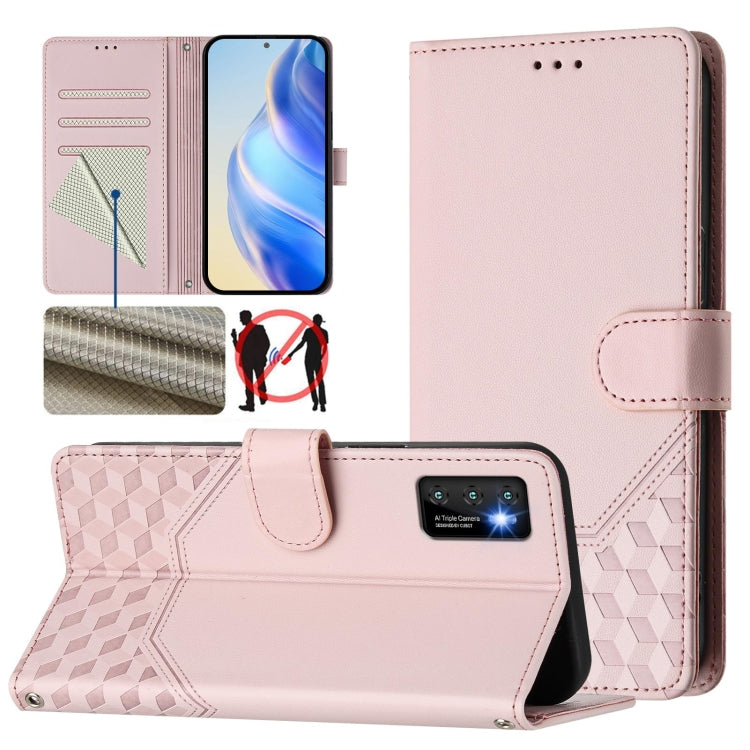 Pink RFID leather phone folio case with honeycomb embossing and card slots