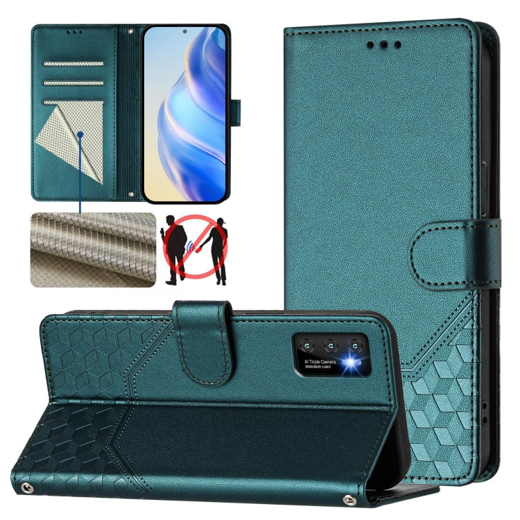 Teal RFID leather phone folio case with honeycomb embossing and kickstand