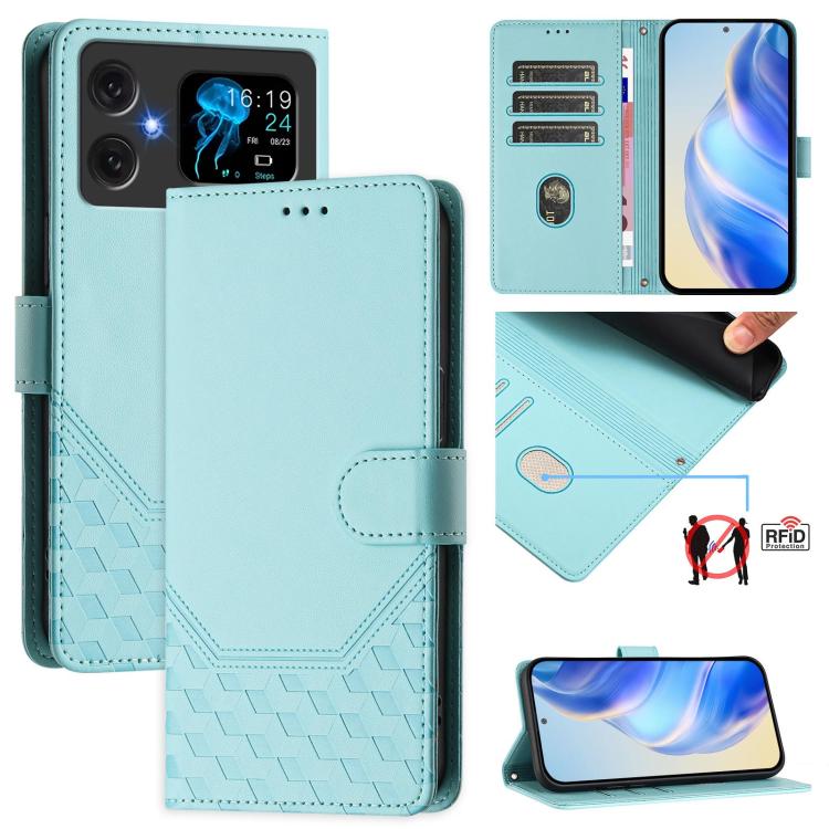 Mint green embossed RFID leather folio phone case with wallet flap and honeycomb texture