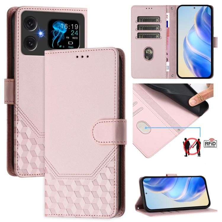 Pink embossed RFID leather folio phone case with wallet flap and honeycomb texture