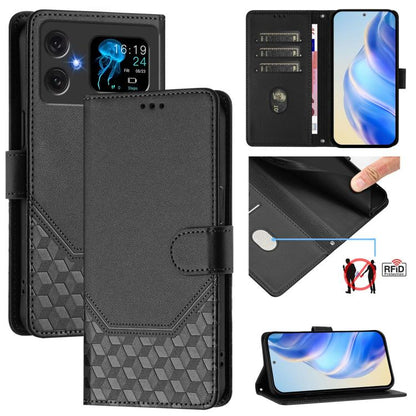 Black embossed RFID leather folio phone case with wallet flap and honeycomb texture
