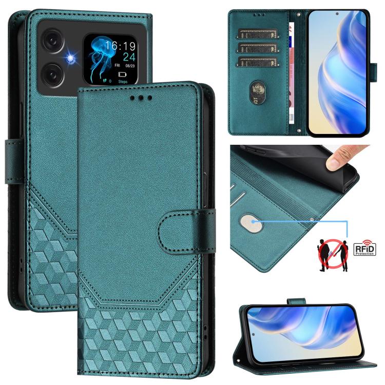 Teal embossed RFID leather folio phone case with wallet flap and honeycomb texture