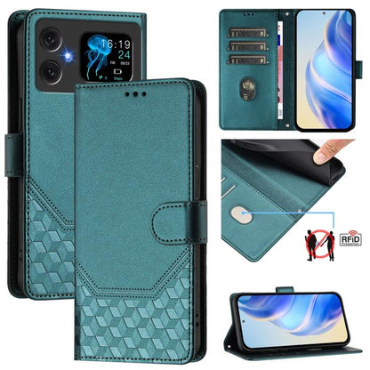 Teal embossed RFID leather folio phone case with wallet flap and honeycomb texture