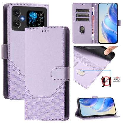 Light purple embossed RFID leather folio phone case with wallet flap and honeycomb texture