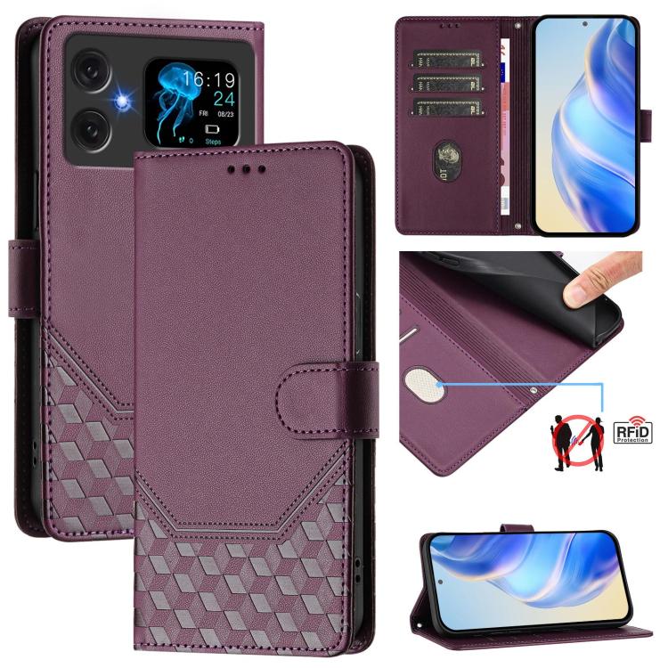 Violet leather folio phone case with honeycomb embossing and card slots, stand cover