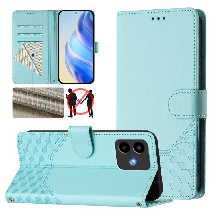 Light teal honeycomb-textured leather wallet phone case with folio stand