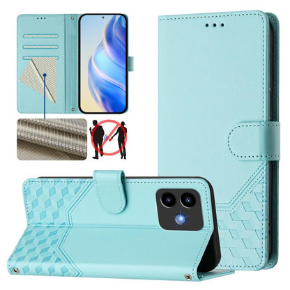 Light teal honeycomb-textured leather wallet phone case with folio stand