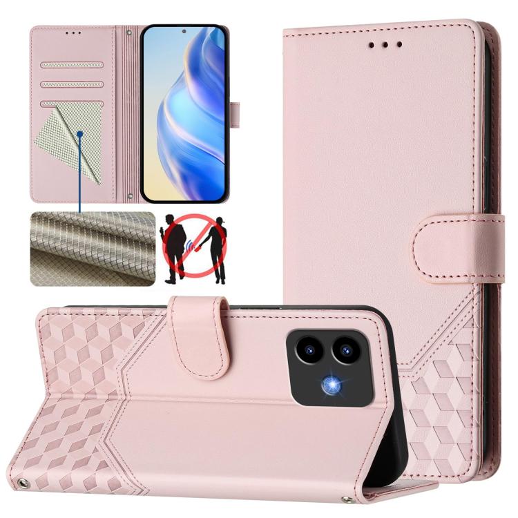 Light pink honeycomb-textured leather wallet phone case with folio stand