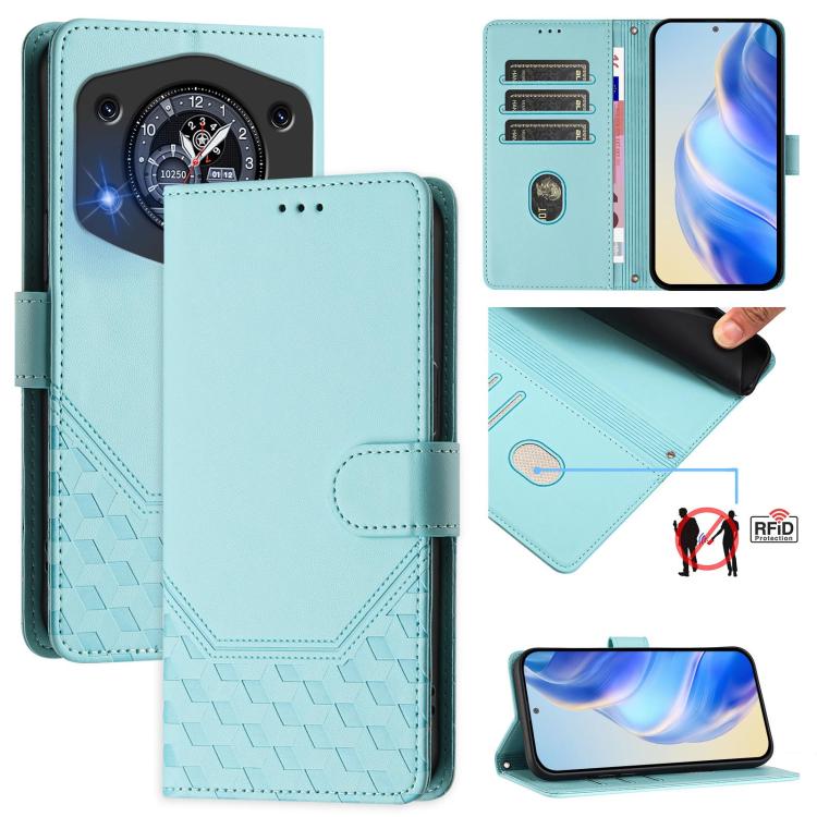 Mint green RFID leather phone case with honeycomb embossed texture and card pocket