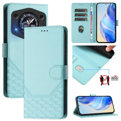 Mint green RFID leather phone case with honeycomb embossed texture and card pocket