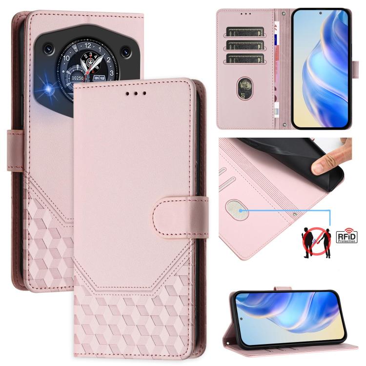 Pink embossed RFID leather folio phone case with wallet flap and honeycomb texture