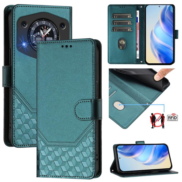 Teal embossed RFID leather folio phone case with wallet flap and honeycomb texture