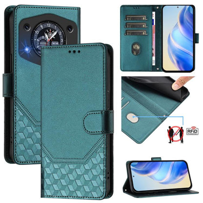 Teal embossed RFID leather folio phone case with wallet flap and honeycomb texture