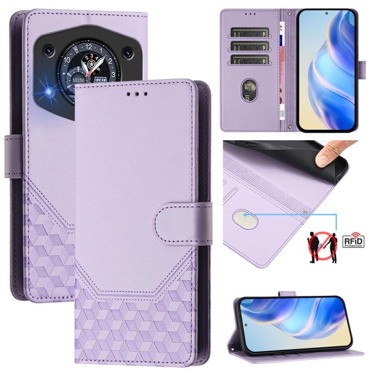 Light purple embossed RFID leather folio phone case with wallet flap and honeycomb texture