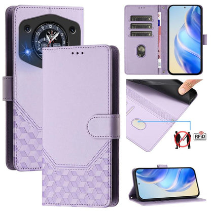 Light purple embossed RFID leather folio phone case with wallet flap and honeycomb texture