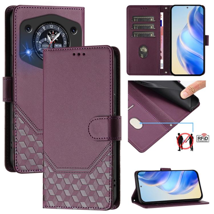 Violet embossed RFID leather folio phone case with wallet flap and honeycomb texture