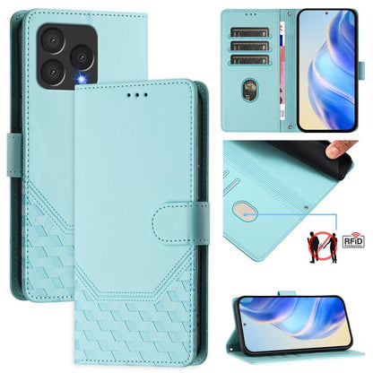 Mint green leather folio phone case with honeycomb embossing, card slots, and side strap