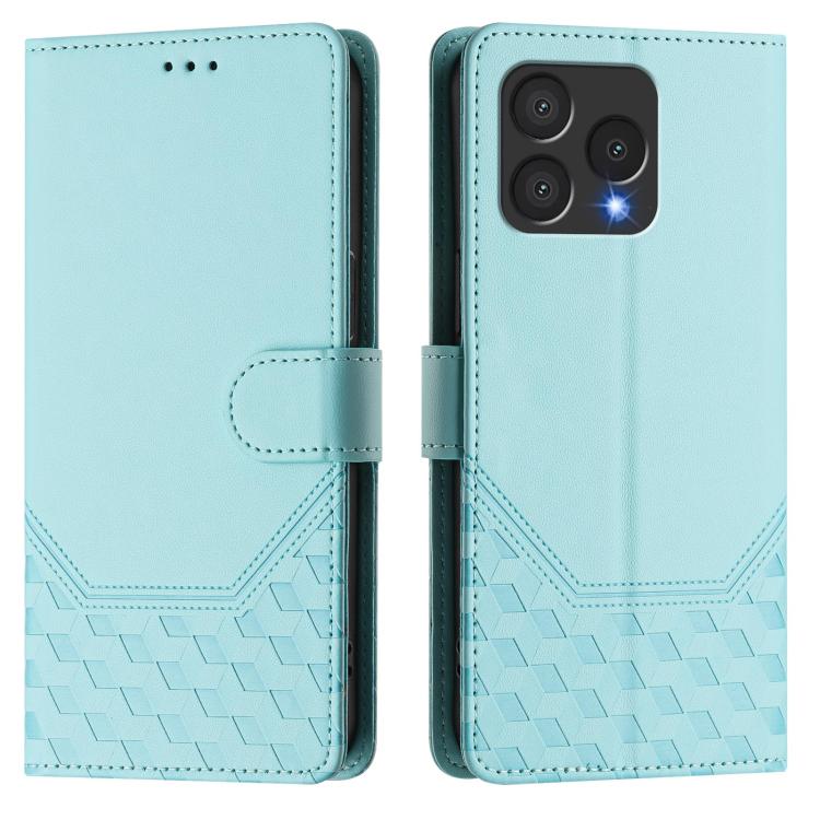Mint green leather folio phone case with honeycomb embossing and magnetic strap closure