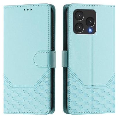 Mint green leather folio phone case with honeycomb embossing and magnetic strap closure