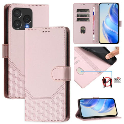 Pink leather folio phone case with honeycomb embossing and magnetic flap closure