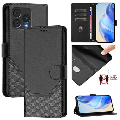 Black leather folio phone case with honeycomb embossing and magnetic flap closure
