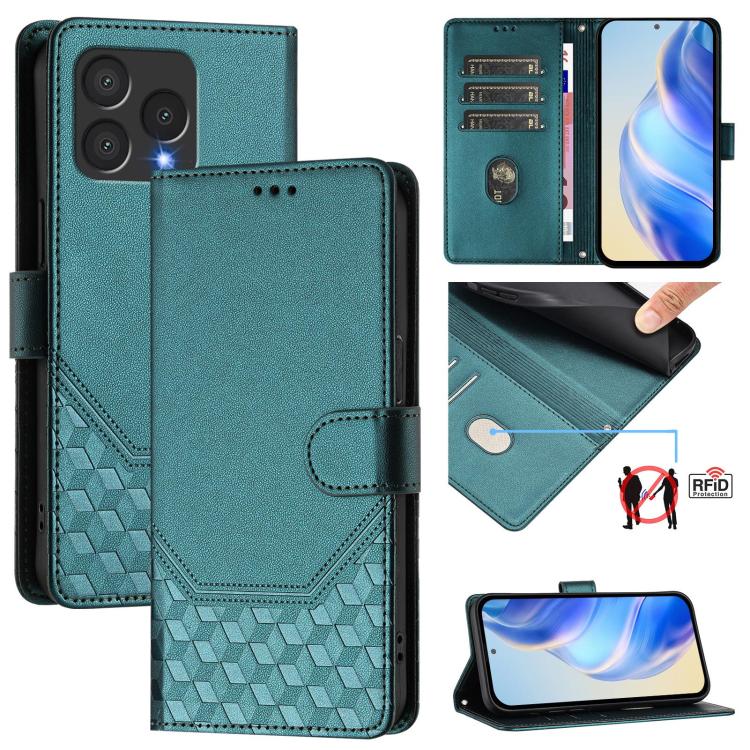 Mint green RFID leather phone case with honeycomb embossed texture and flip cover