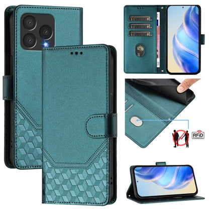 Mint green RFID leather phone case with honeycomb embossed texture and flip cover