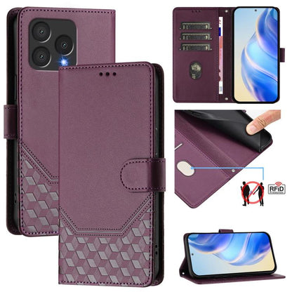 Violet RFID leather phone case with honeycomb embossed texture and flip cover