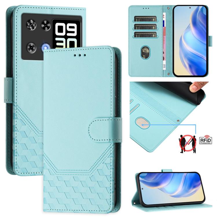 Peacock green RFID leather phone case with card slots and honeycomb embossed texture