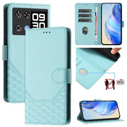 Peacock green RFID leather phone case with card slots and honeycomb embossed texture