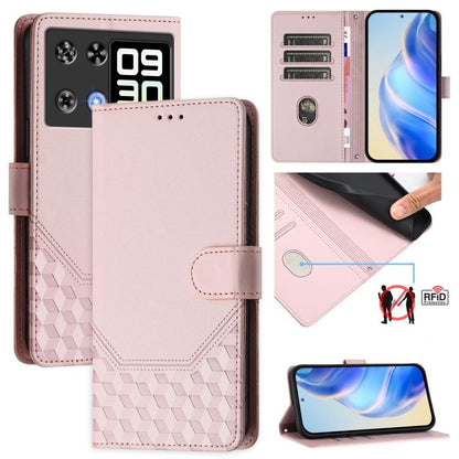 Pink RFID leather phone case with card slots and honeycomb embossed texture