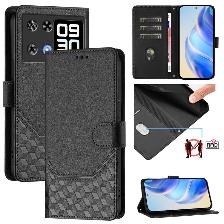 Black RFID leather phone case with card slots and honeycomb embossed texture