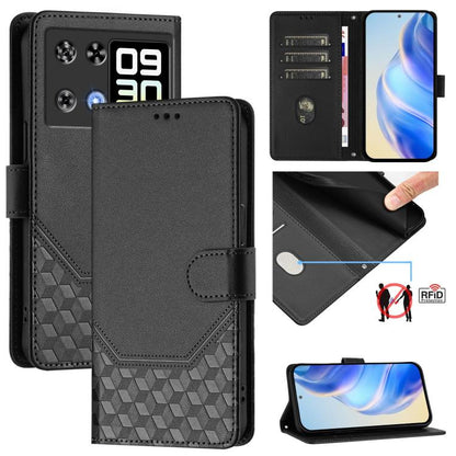 Black RFID leather phone case with card slots and honeycomb embossed texture