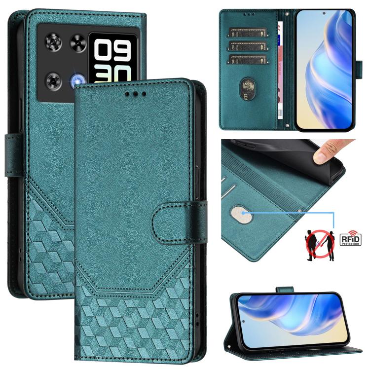 Peacock green RFID leather phone case with honeycomb embossed texture and flip cover