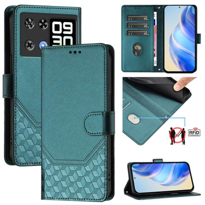 Peacock green RFID leather phone case with honeycomb embossed texture and flip cover