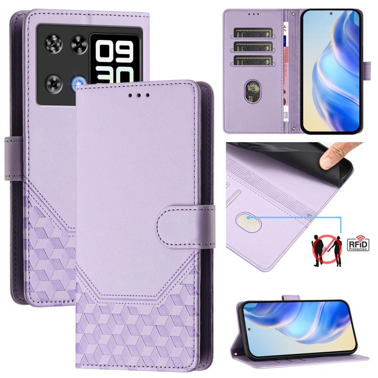 Light purple RFID leather phone case with honeycomb embossed texture and flip cover