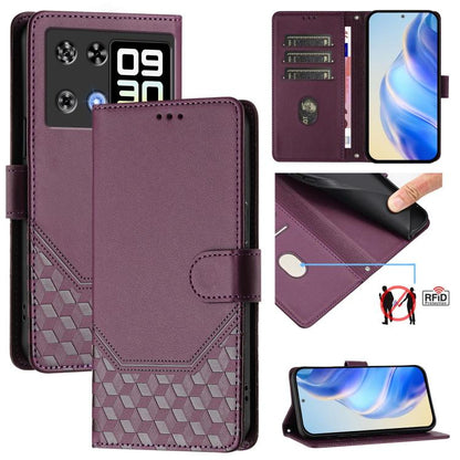 Violet RFID leather phone case with honeycomb embossed texture and flip cover
