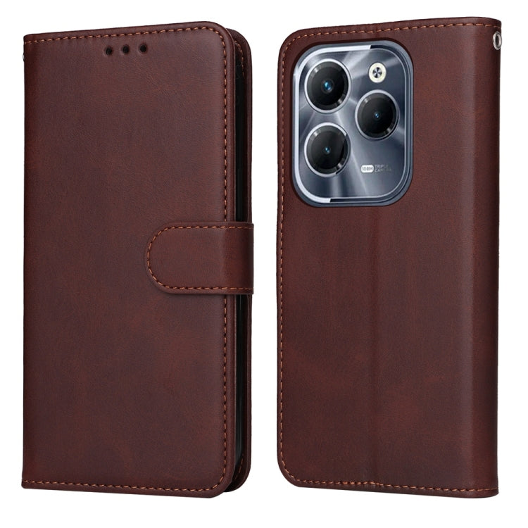 Flip leather phone case with calf texture, brown finish, card slot and stitched buckle strap