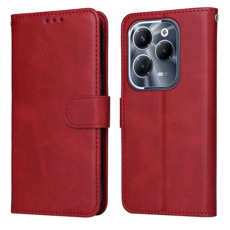 Flip leather phone case with calf texture, red finish, card slot and buckle strap
