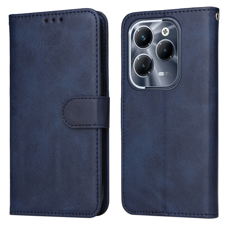 Flip leather phone case with calf texture, navy blue finish, card slot and buckle strap
